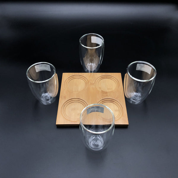 Set Of 4 Doublewalled Thermal Glasses and Bamboo Tray